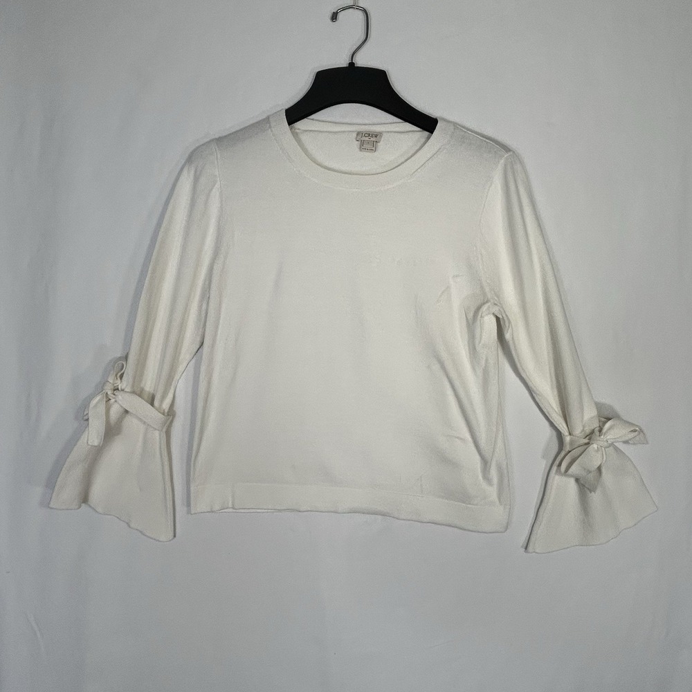 J Crew Women's Sweater Lightweight  Flair Sleeve Bow Tie Pullover Cream Large